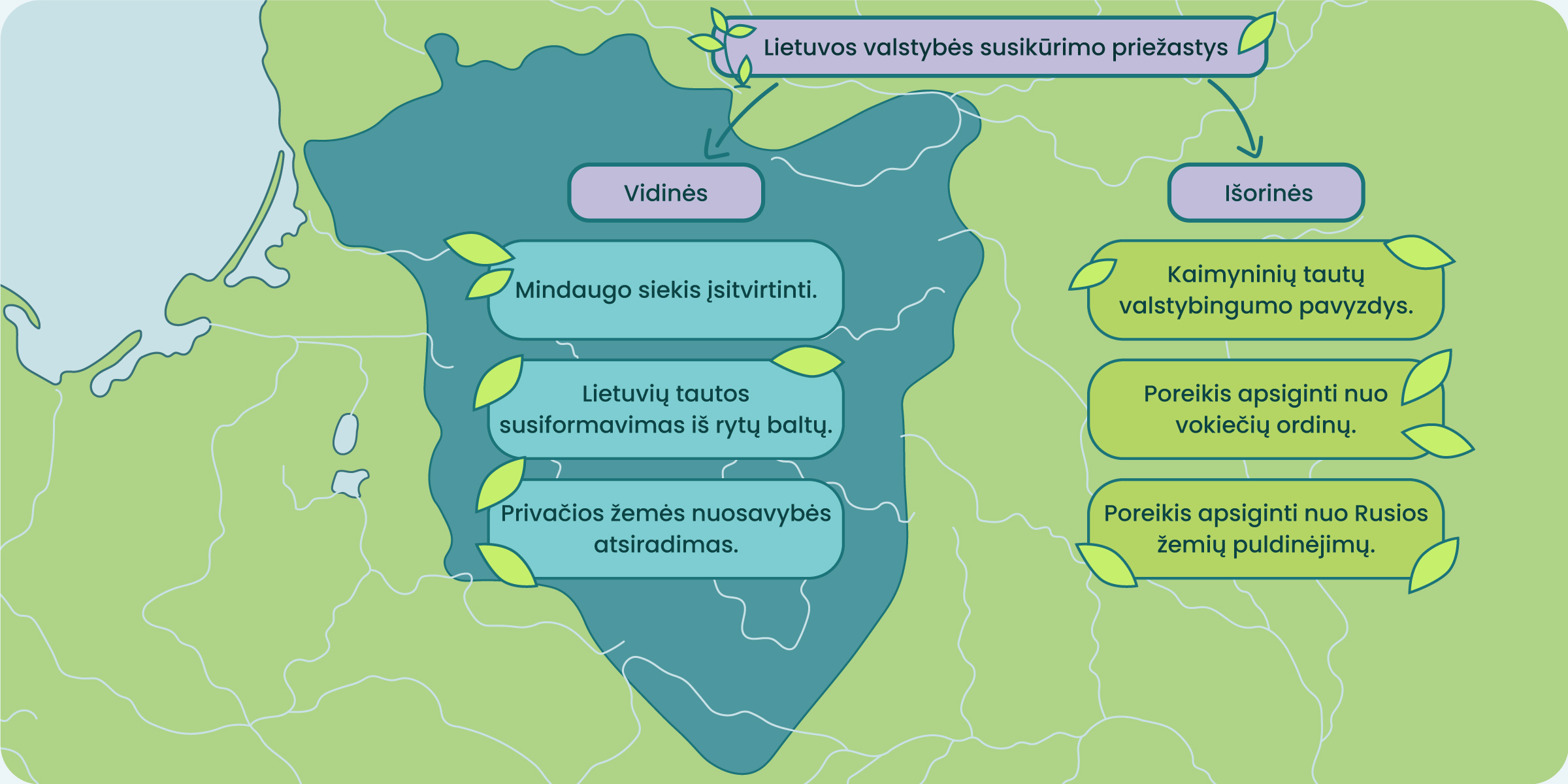 Lietuvos valstybės suikūrimo prežastys:
Vidinės: Mindaugo siekis įsitvirtinti, Lietuvos tautos susiformavimas iš rytų baltų, privačios žemės nuosavybės atsiradimas.