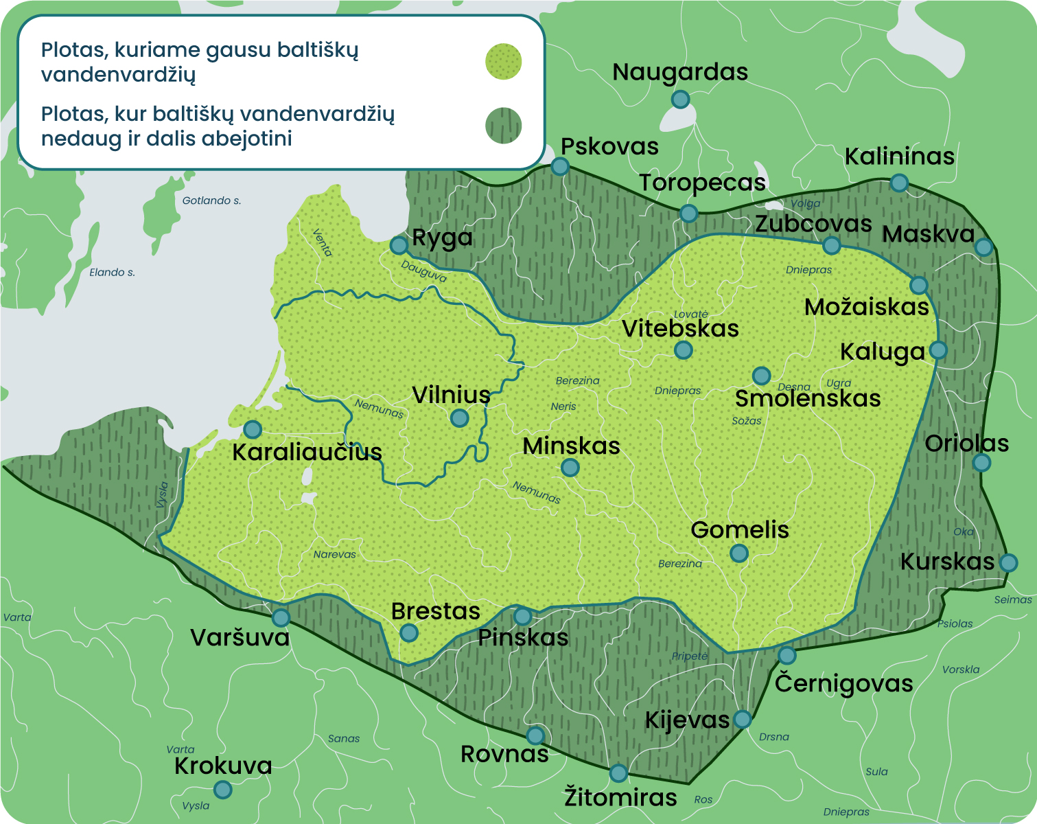 Baltų kilmės vandenvardžių paplitimas 1000 m. pr. Kr.