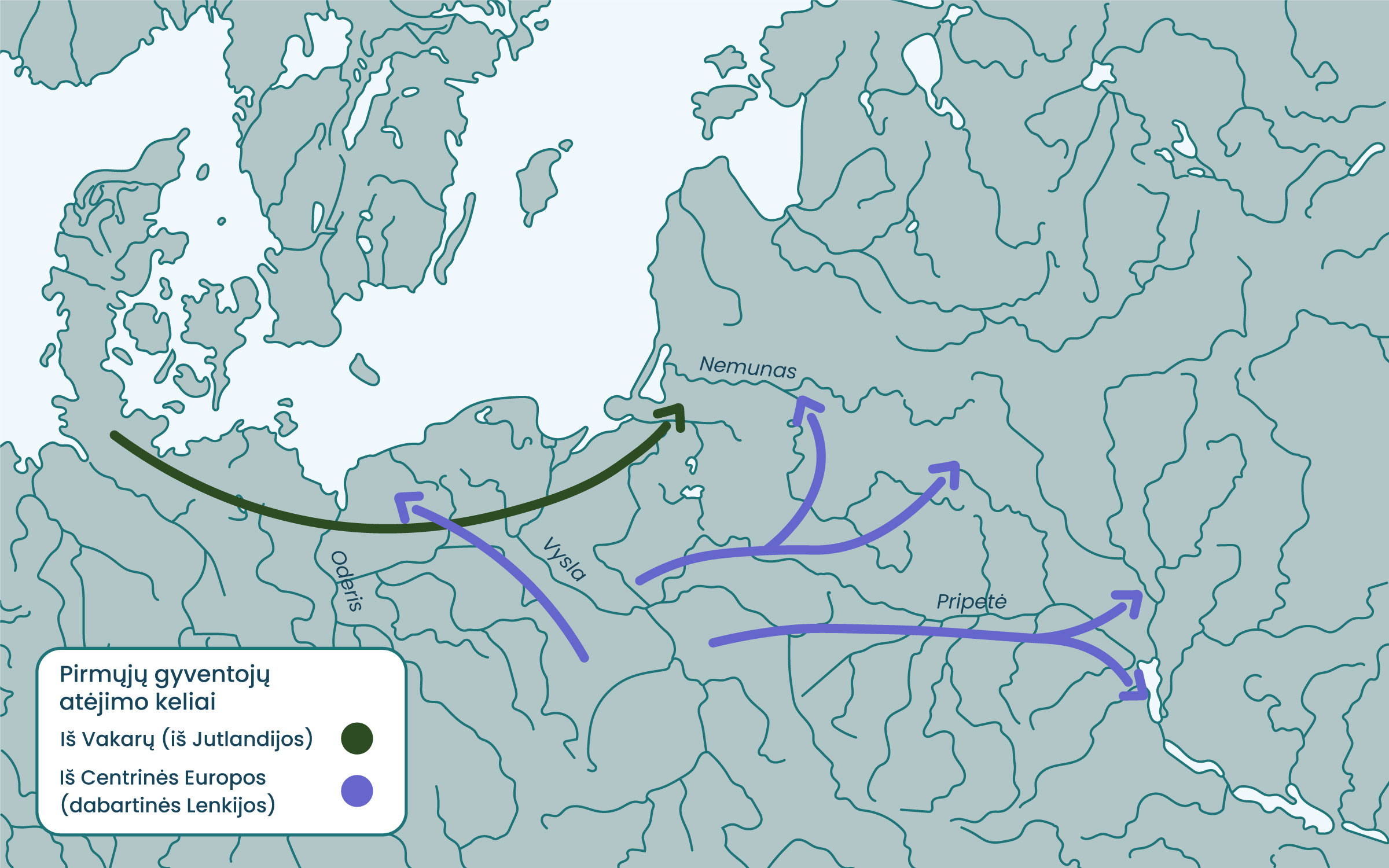 Pirmųjų Lietuvos gyventojų atėjimo kelių žemėlapis