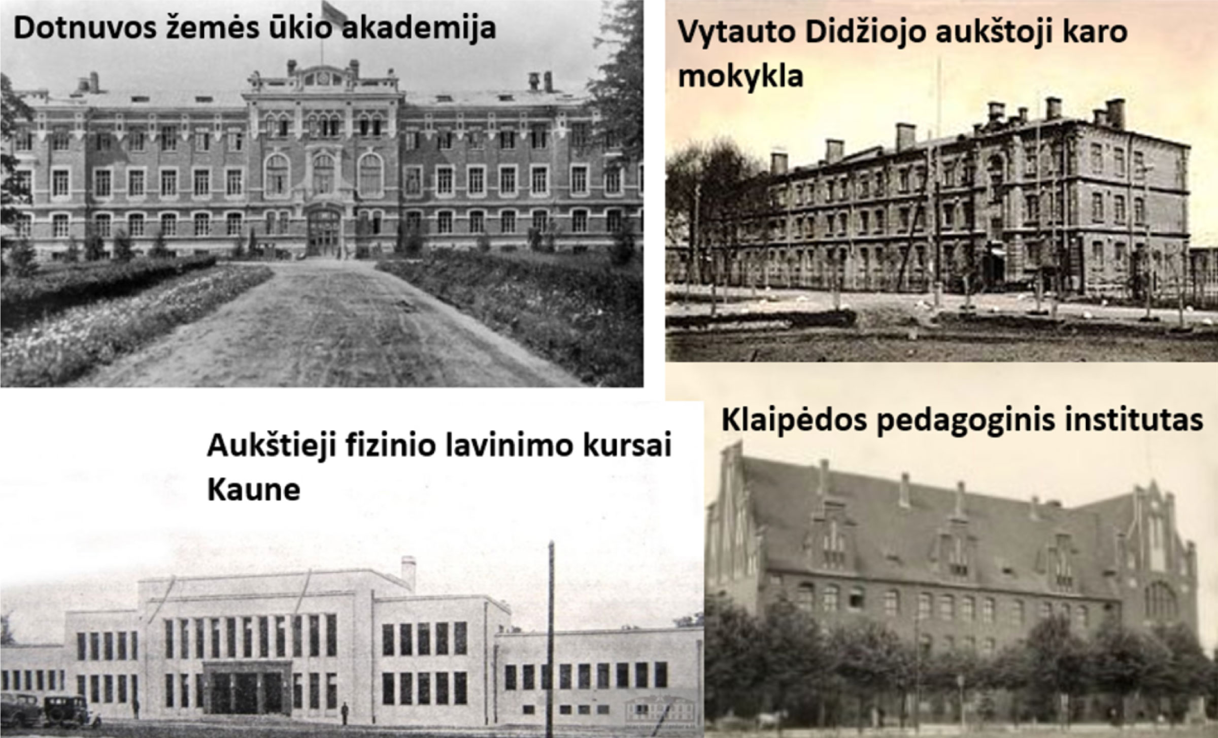 Aukštųjų mokyklų tarpukario Lietuvoje nuotraukos: Dotnuvos žemės ūkio akademija, Vytauto Didžiojo aukštoji karo mokykla, Aukštieji fizinio lavinimo kursai Kaune, Klaipėdos pedagoginis institutas