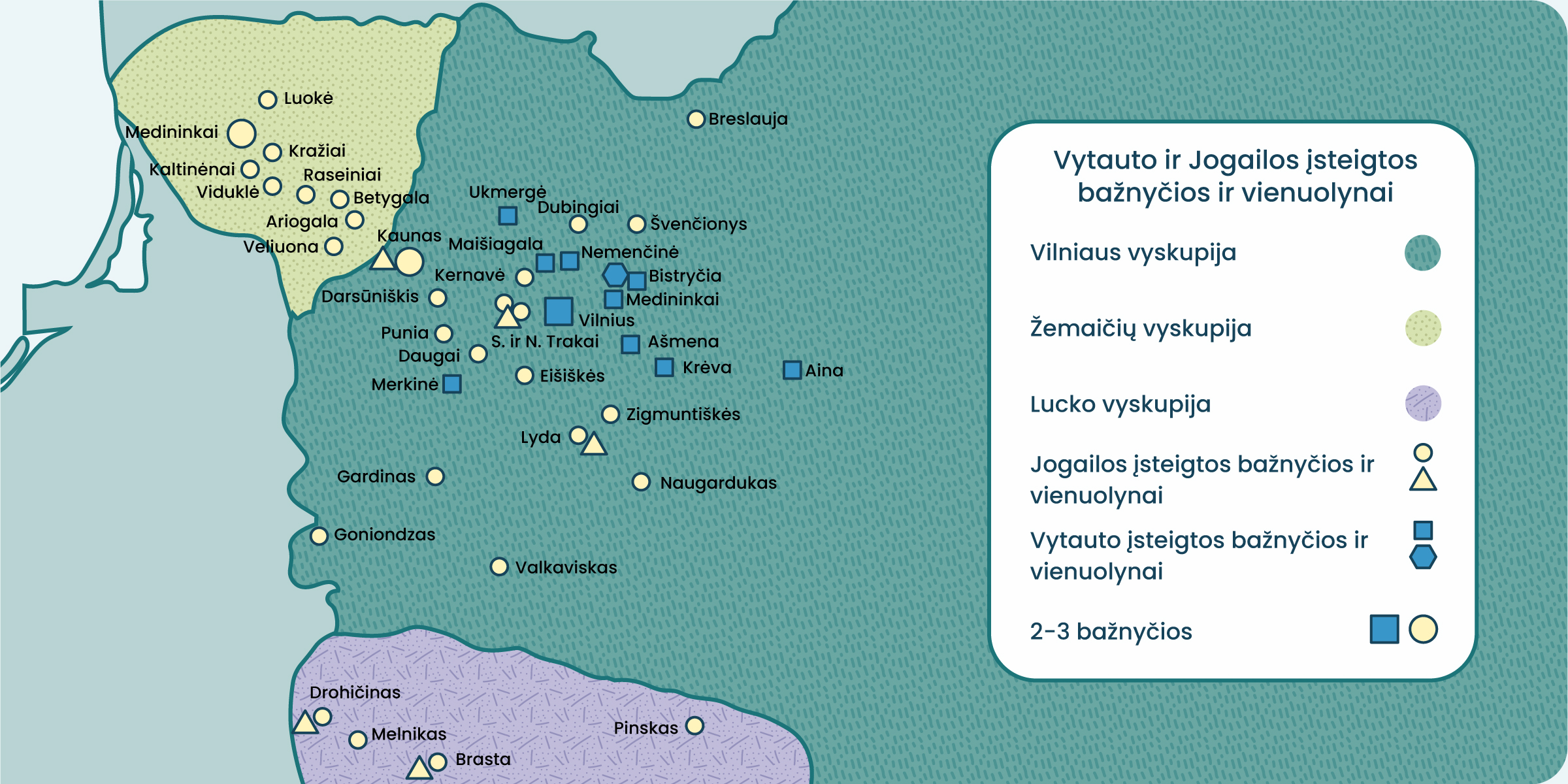 Vytauto ir Jogailos įsteigtų bažnyčių ir vienuolynų žemėlapis