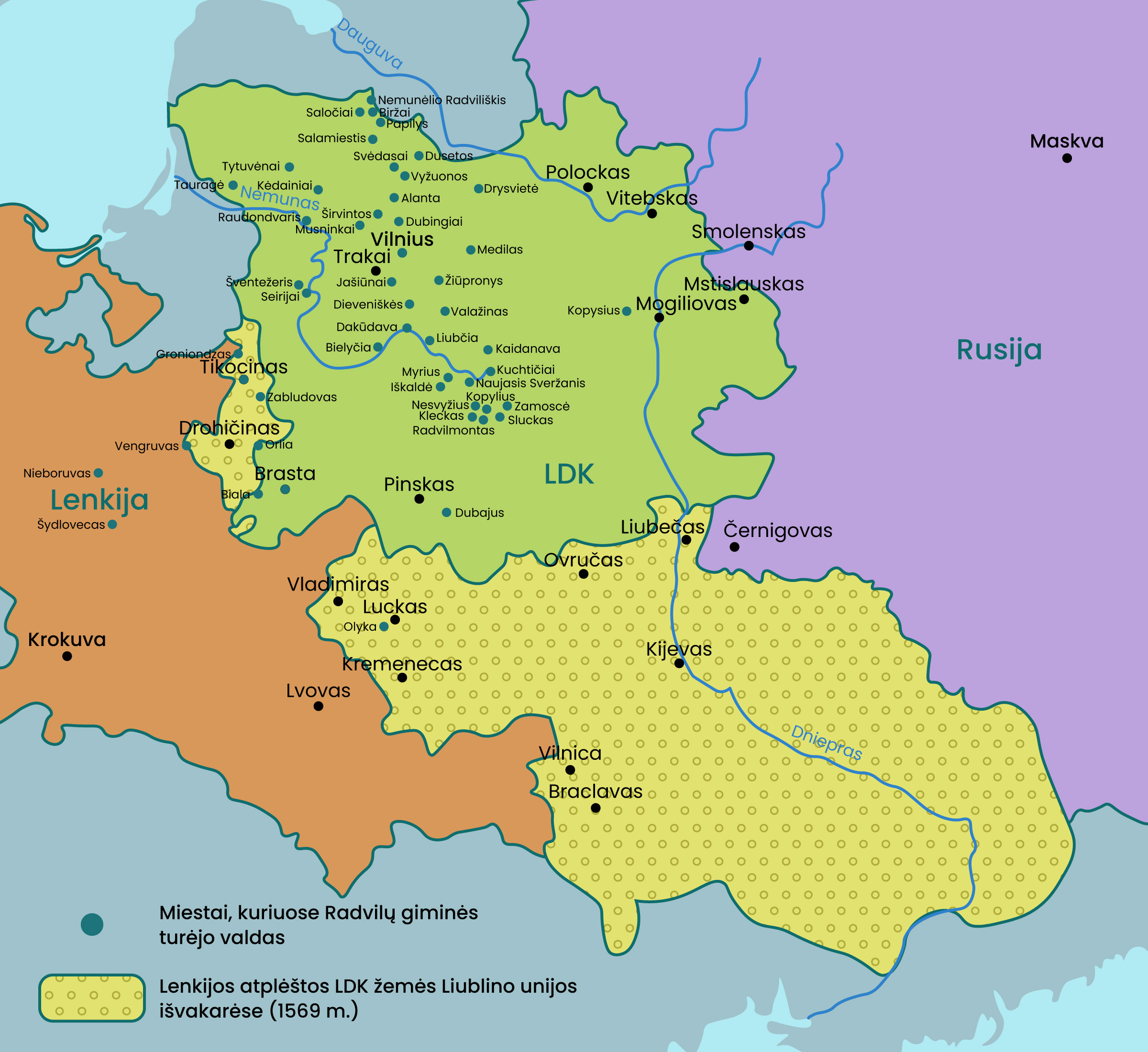 Radvilų giminės turėtų valdų ATR teritorijoje žemėlapis, kuriame pažymėtos Lenkijos atplėštos LDK žemės Liublino unijos išvakarėse (1569 m.)