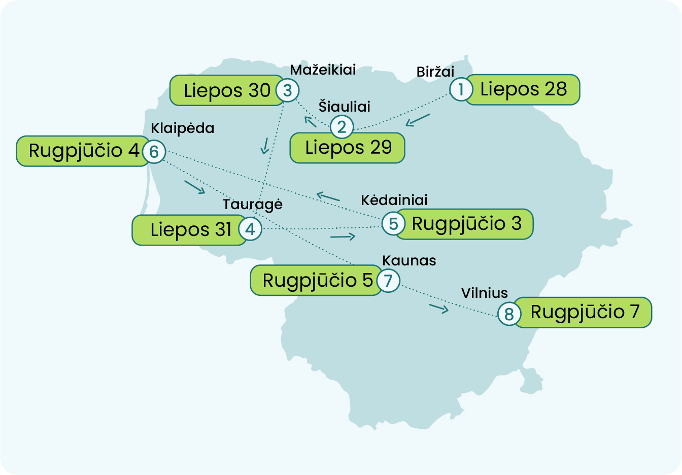 Žemėlapis su roko maršo festivalio kelionėmis ir datomis