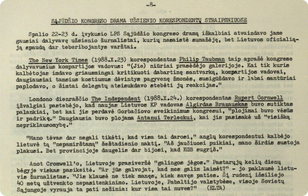 Dokumente aprašoma Sąjūdžio kongreso drama užsienio korespondentų straipsniuose